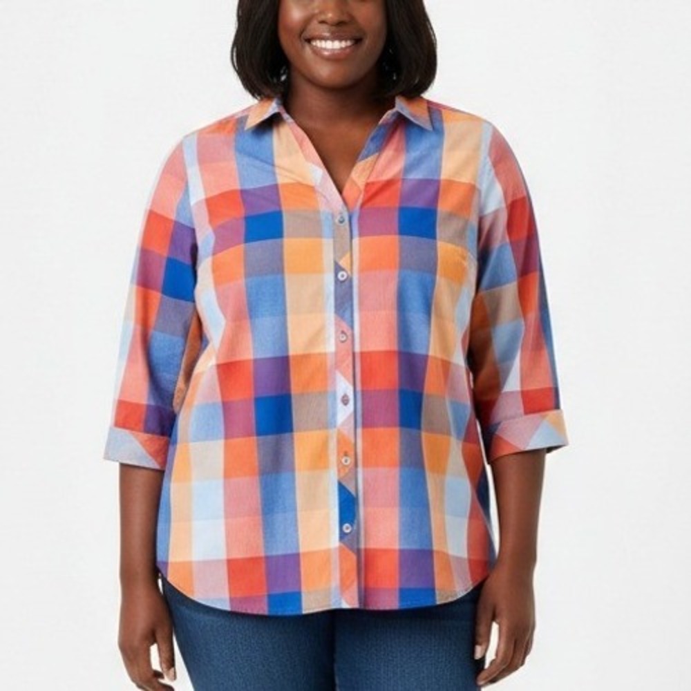Foxcroft NYC Multi Color Buffalo Plaid‎ Button Up 3/4 Sleeve Shirt No-Iron SZ 2X